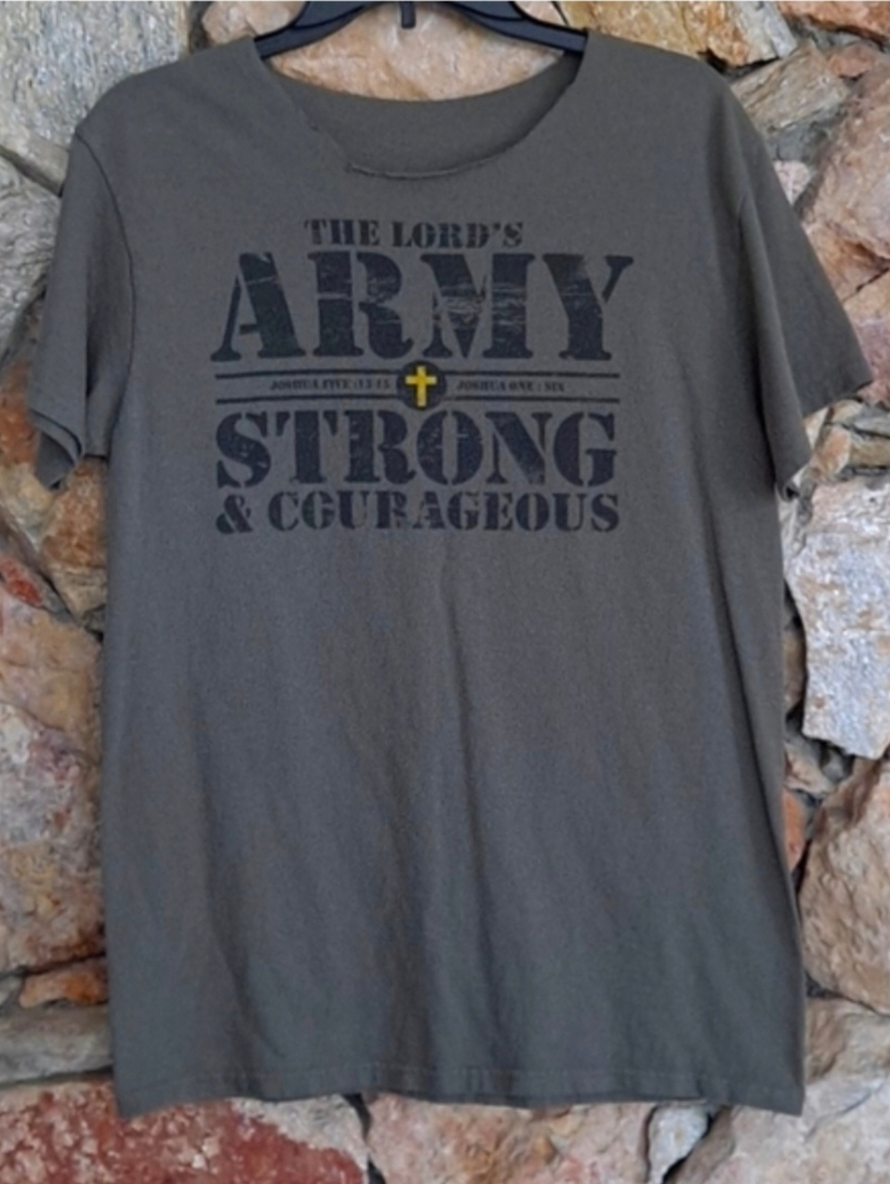 Kahki Green Christian Army Tee Shirt Ruff Cut Neckline